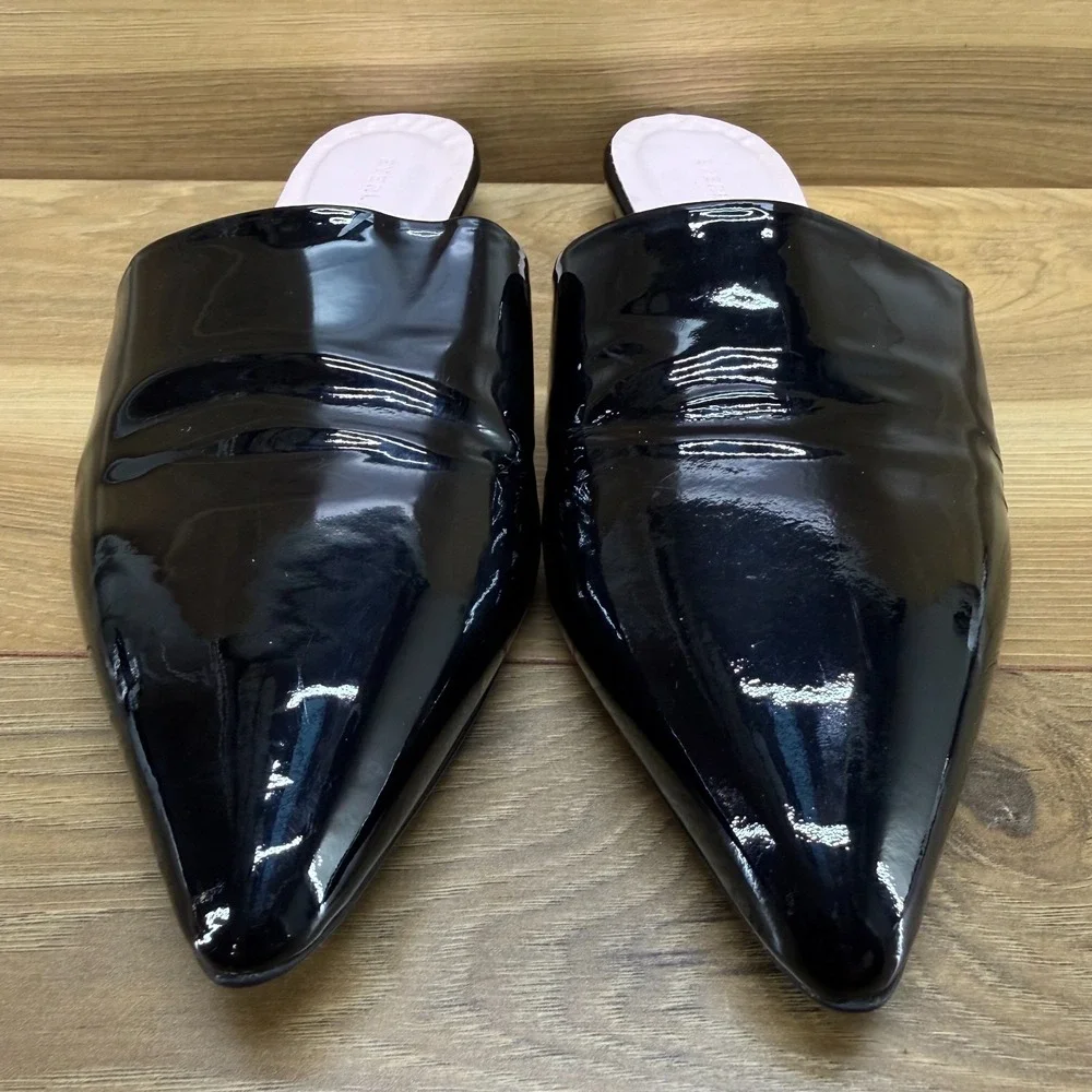 Everlane The Boss Pointed Toe Mule 9 Black Patent Leather Flat Minimalist Modern